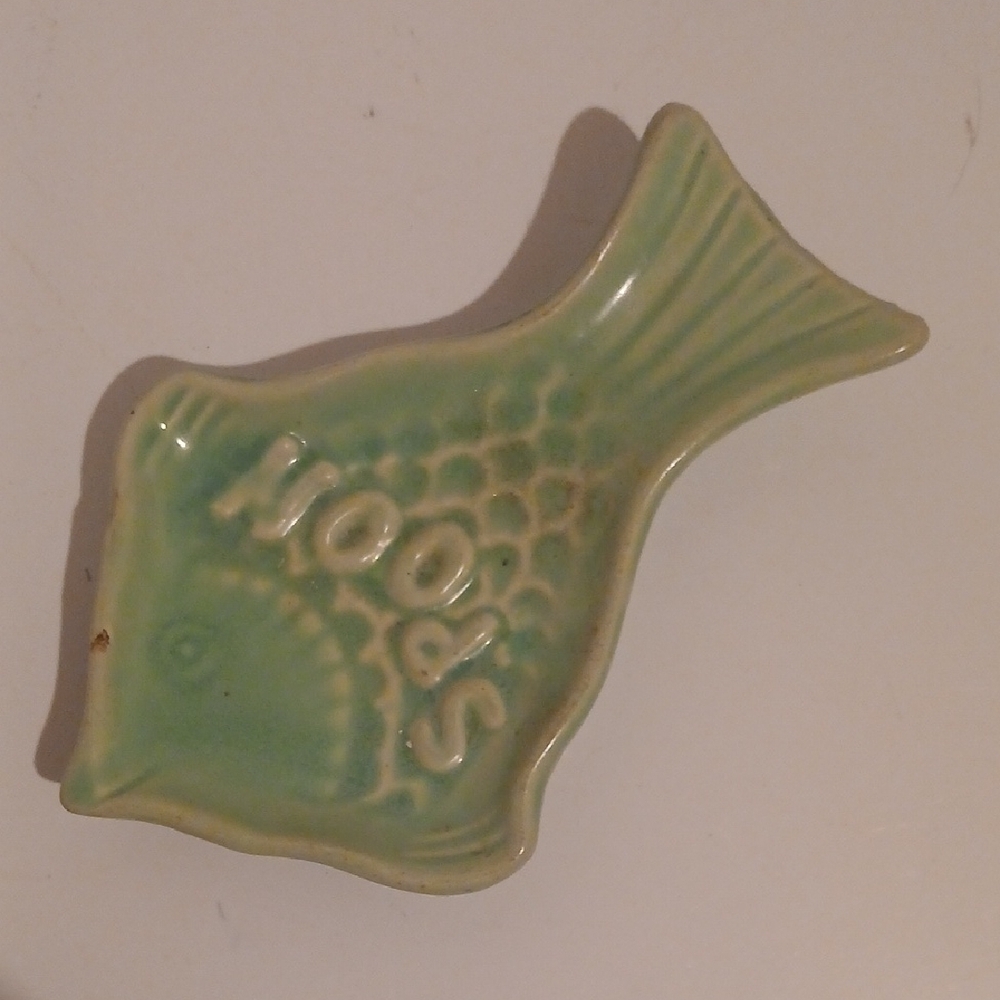 Vtg Morton Pottery Green Fish Ceramic Spoon Holder Lake Beach Farmhouse Nautical
